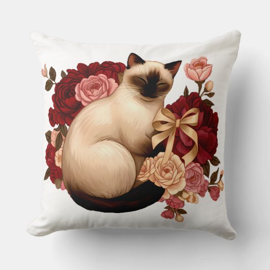 Coussin Floral Serenity: Curled Siamese Cat in Bloom (Recto)