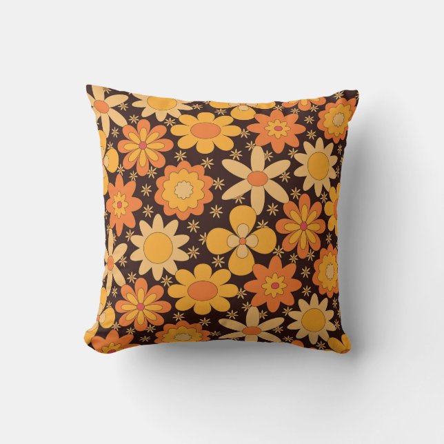 Coussin Floral Super rétro les années 70 orange jaune (Recto)