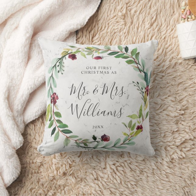 Coussin Floral Verdure Wreath Marbre Notre premier Noël (Couverture)