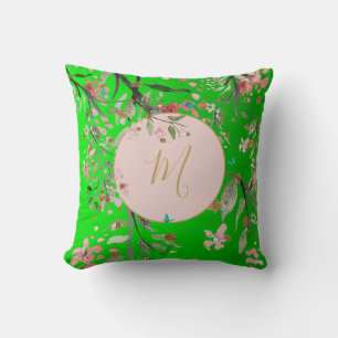 Coussin Floral Vert Élégant Pink Gold Chinoiserie