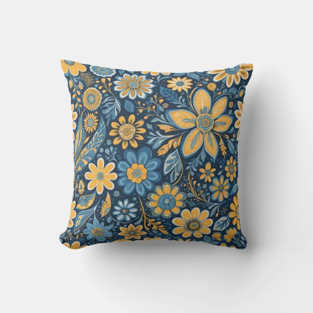Coussin Floral vintage Hippie design jaune bleu (Recto)