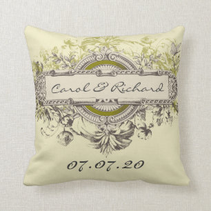 Coussin floral vintage vert d'amoureux de mariage
