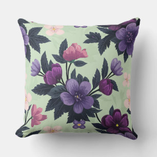Coussin Floral violet et rose sur Arrière - plan vert clai