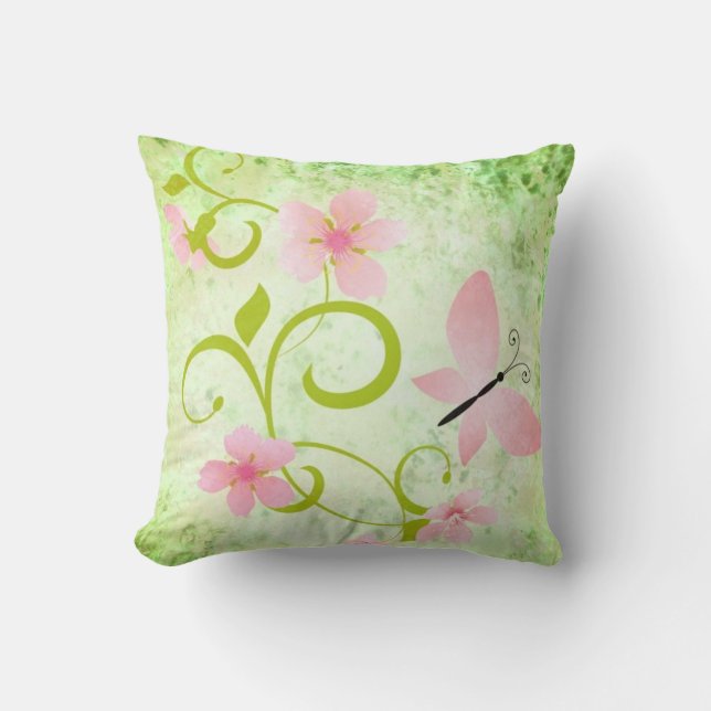 Coussin Florale de papillon rose et vert (Recto)