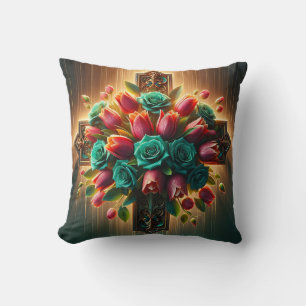 Coussin "Florales radiantes de Croix chrétienne avec goutt