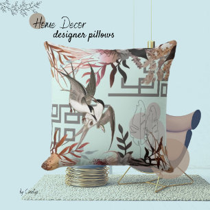Coussin Florals Browds, Cranberry Tan & Birds
