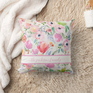 Coussin Floraux rose aquarelle script monogramme