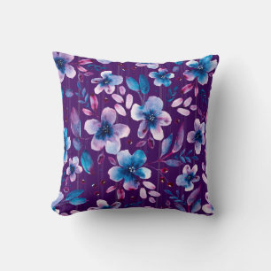 Coussin Flore bleu et magenta sur violet Artiste