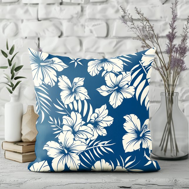 Coussin Flore bleu tropical et blanc (Créateur téléchargé)