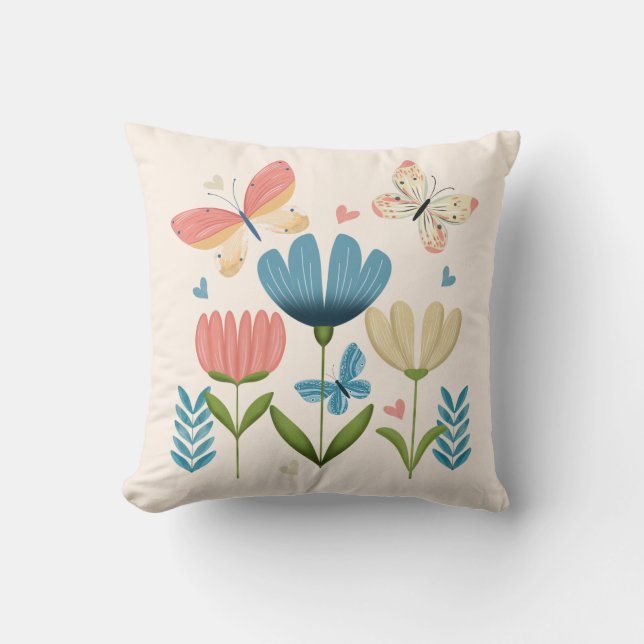 Coussin Flore dans les tons bleu et orange (Recto)