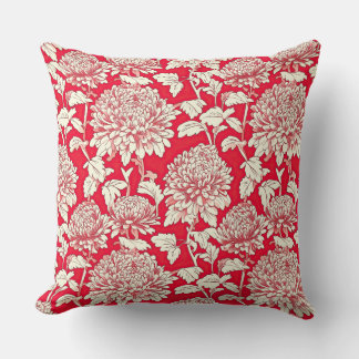 Coussin Flore de chrysanthème japonais vintage rouge et bl