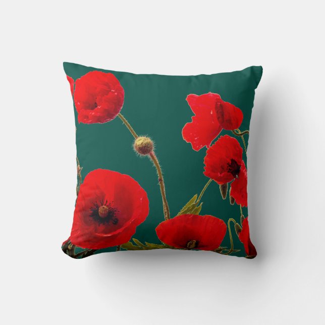 Coussin Flore de fleurs de pavot rouge de couleur profonde (Recto)