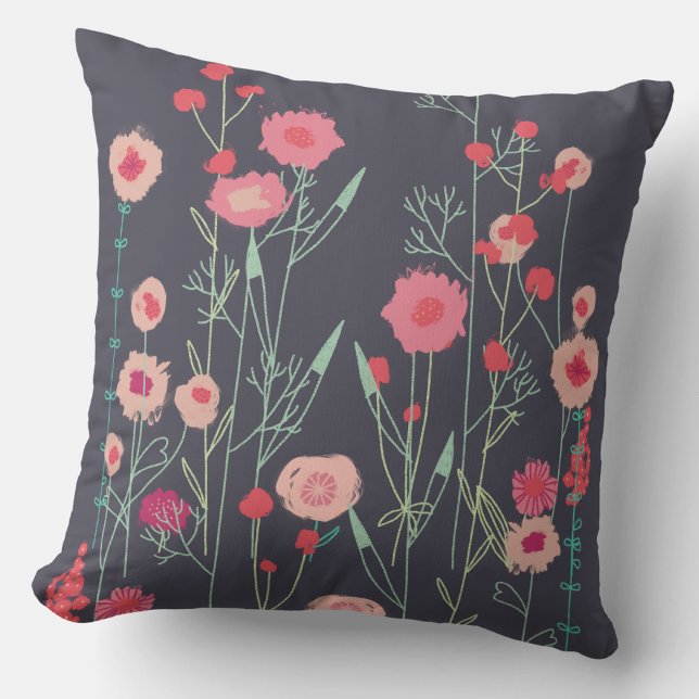Coussin Flore foncé (Dark floral wildflower throw pillow)