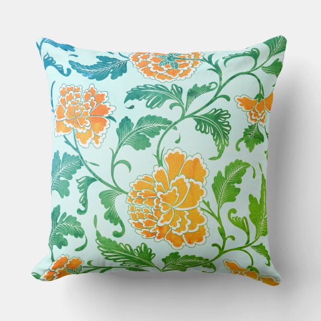 Coussin Flore orange et verdure sur bleu clair (Recto)