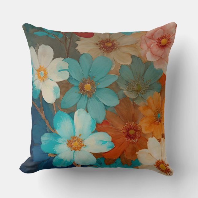 Coussin Flore rouille, rose et turquoise (Recto)