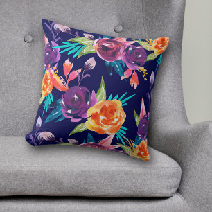 Coussin Flore violette et orange sur bleu marine