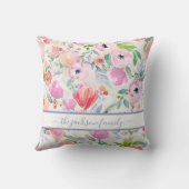 Coussin Flores blanches roses boho nom de famille script (Verso)