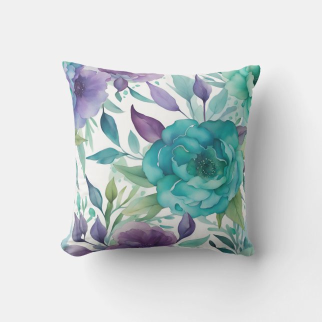 Coussin Flores d'aquarelle bleu Rose pourpre (Recto)