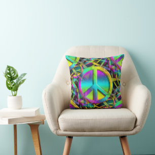 Coussin Flower Power - Motif de signe de paix coloré 1