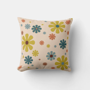 Coussin Flower Power Retro 60s Pattern Mustard Blue Orange