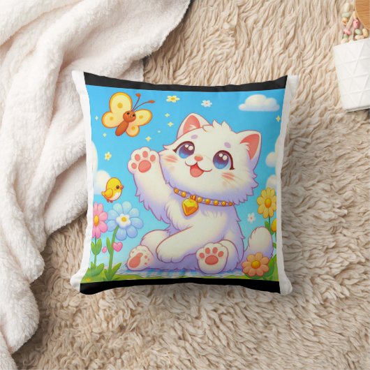 Coussin Fluffy chat jouer avec papillon (Couverture)