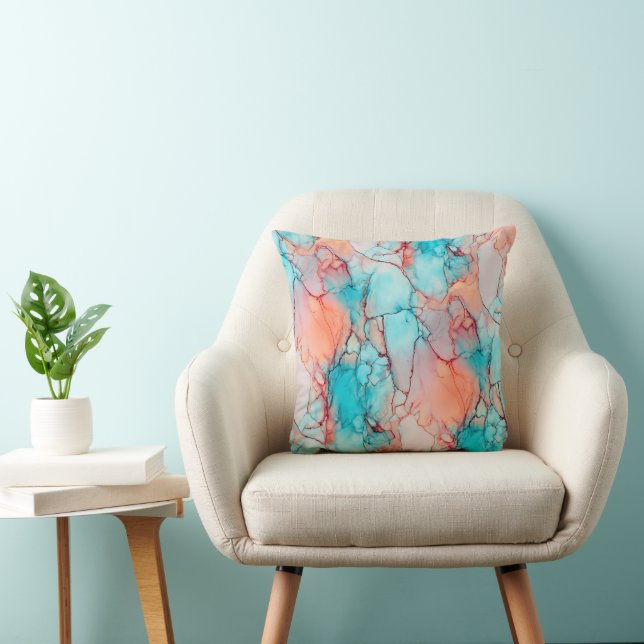 Coussin Fluide Marbré Bleu Sarcelle et Orange Corail (Chaise)