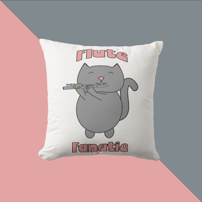Coussin Flute Fanatic Musical Flute Cat Pink (A throw pillow featuring a gray cat playing the flute and the text Flute Fanatic in pink.)