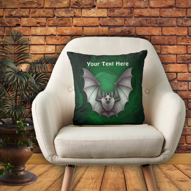 Coussin Flying Grey Bat Spooky Green Glowing Cave (Grey bat flying from spooky glowing green cave with trees on Halloween throw pillow.)