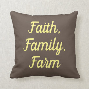 Coussin Foi, famille, ferme, selle marron et jaune