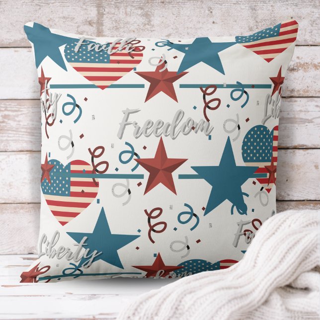 Coussin Foi, liberté et liberté Rétro patriotique (Faith, Freedom and Liberty Retro Patriotic Throw Pillow)