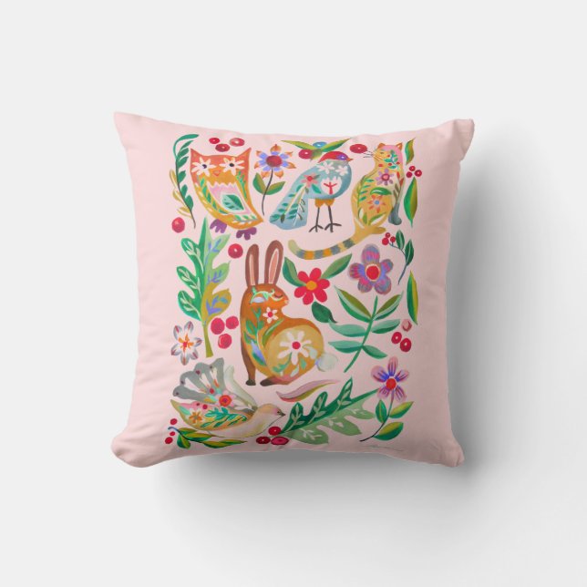 Coussin Folk Art Floral Animal Friends Blush Pink (Recto)