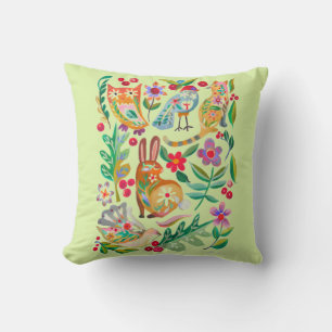 Coussin Folk Art Floral Animal Friends Pale Green
