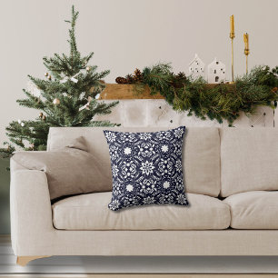 Coussin Folk Floral Navy et Motif blanc