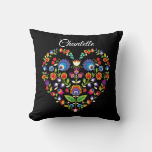 Coussin Folklore cœur, style Wycinanki avec nom