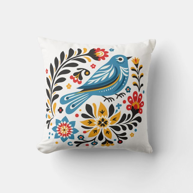 Coussin Folksy Bluebird et Fleur sauvage (Recto)