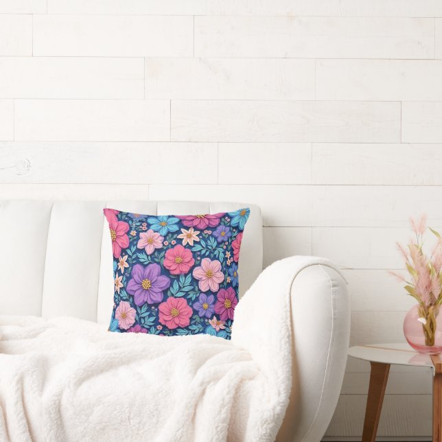 Coussin Fond floral, rose et violet, (Canapé)