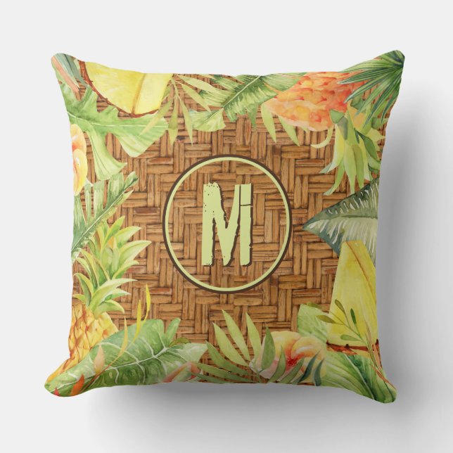 Coussin Foral d'aquarelle tropicale monogramme (Recto)