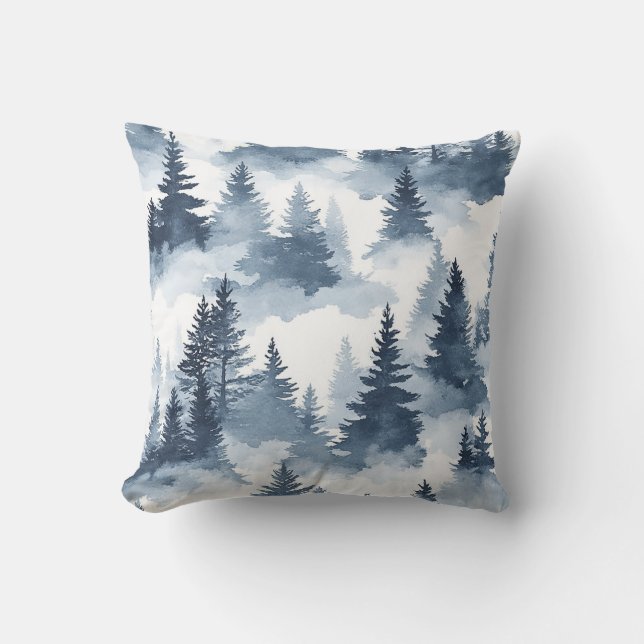 Coussin Forêt aquarelle bleu brumeux (Recto)