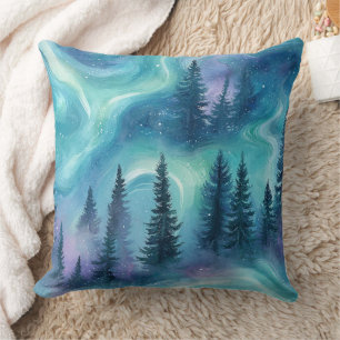 Coussin Forêt Aurore Boréale à l'aquarelle