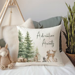 Coussin Forêt Bois Animaux Aventure Attend<br><div class="desc">Présentant notre aventure d'animaux forestiers attend de lancer l'oreiller - parfait pour une célébration mignonne et fantasque! Doté d'un thème moderne de forêt aquarelle avec d'adorables créatures comme le renard, l'ours brun, le lapin et le cerf, il est parfait pour une douche sans rapport avec le genre. Ce design bohème...</div>