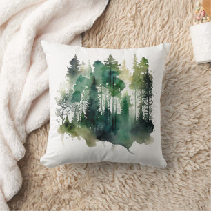 Coussin Forêt d'arbres à l'aquarelle Nature Verts Bruns