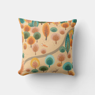Coussin Forêt d'automne avec arbres abstraits à main plat