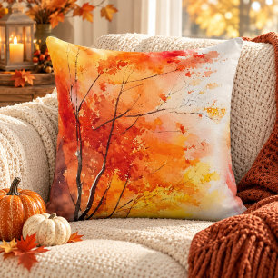Coussin Forêt d'automne vibrante Arbres à l'aquarelle