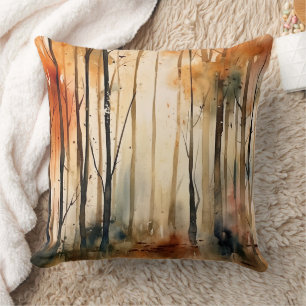 Coussin Forêt de bois doré automnal à l'aquarelle
