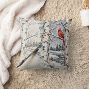 Coussin Forêt de bouleaux de Noël et peinture de cardinal