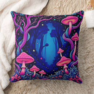Coussin Forêt de champignons roses néon Art