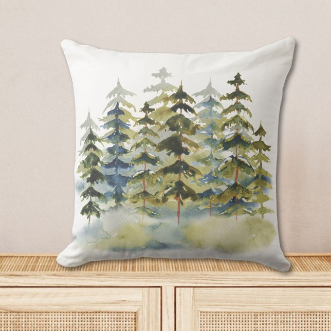 Coussin Forêt de pins verte brumeuse à l'aquarelle (In situ)