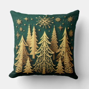 Coussin Forêt de vacances dorées – Motif d'arbre de Noël