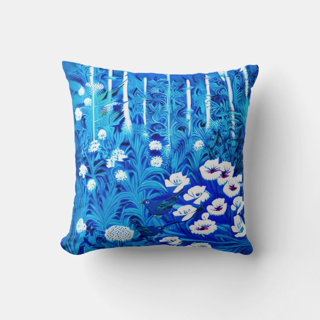 Coussin Forêt d'Imaginaires avec fleurs et oiseaux (Recto)