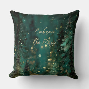 Coussin Forêt dorée verte sarcelle magique Bokeh